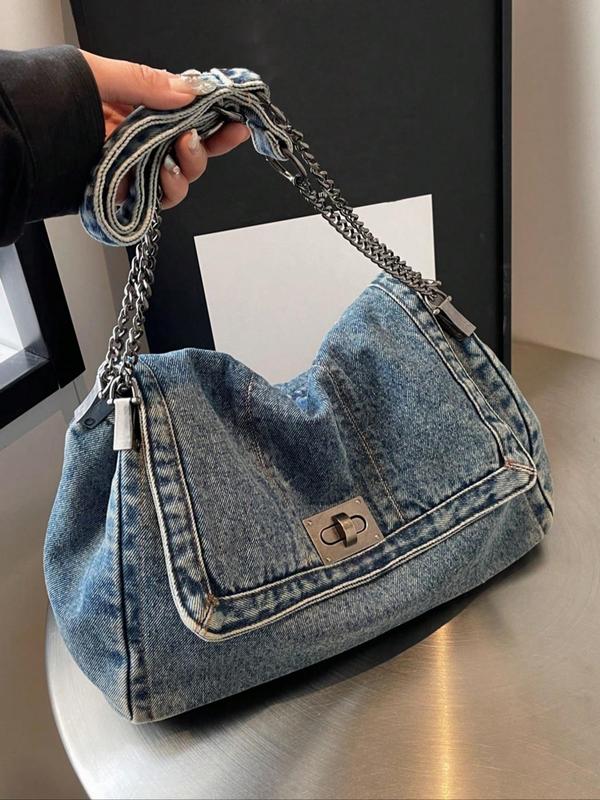 Women's Denim Shoulder Bag, Large Capacity Chain Strap Crossbody Bag for Daily Used, Casual Trendy Versatile High-quality Daily Commuting Bag