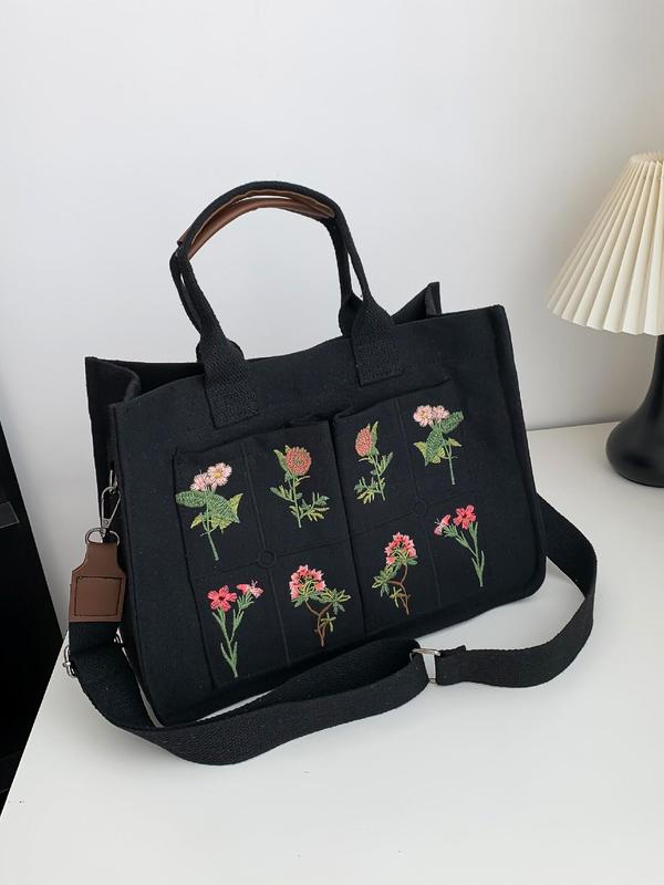 Floral Embroidered Tote Work Bag for Summer, Luxury Large Tote Bag, Multi-pocket Shoulder Bag for Students, Preppy Designer Crossbody Bag with Adjustable Strap, Fall Outfits, Fall Freshness