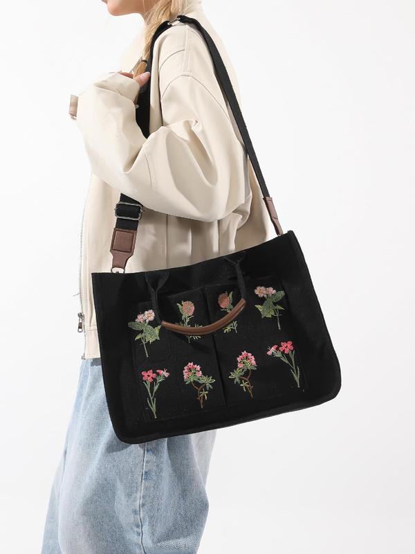 Floral Embroidered Tote Work Bag for Summer, Luxury Large Tote Bag, Multi-pocket Shoulder Bag for Students, Preppy Designer Crossbody Bag with Adjustable Strap, Fall Outfits, Fall Freshness