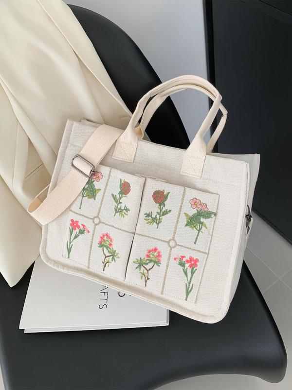 Floral Embroidered Tote Work Bag for Summer, Luxury Large Tote Bag, Multi-pocket Shoulder Bag for Students, Preppy Designer Crossbody Bag with Adjustable Strap, Fall Outfits, Fall Freshness