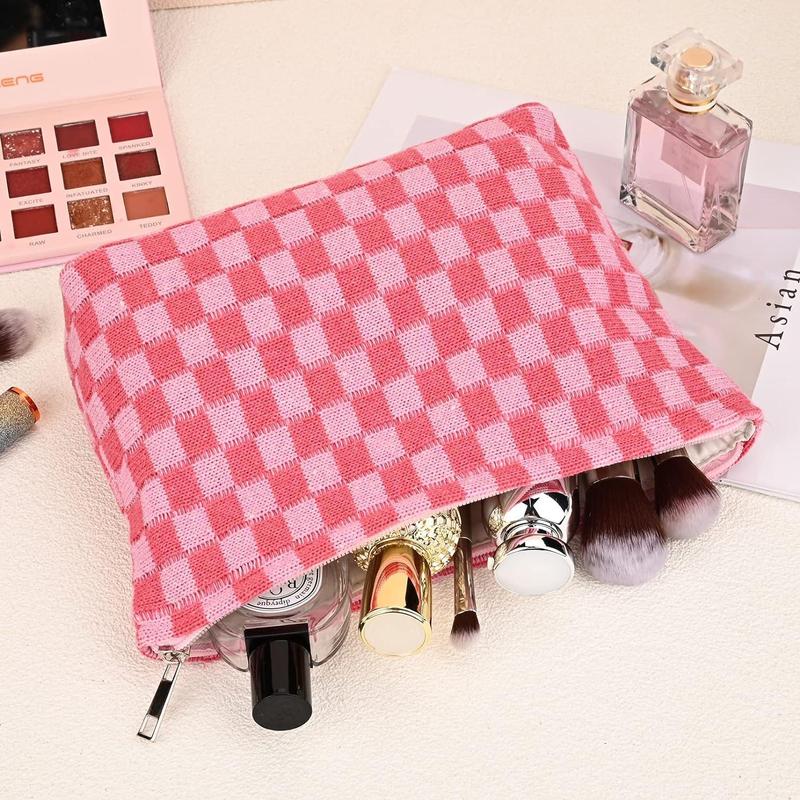 Portable Colorblock Plaid Pattern Cosmetic Bag, 2 Counts set Mixed Size Large Capacity Toiletry Bag, Zipper Makeup Organizer Pouch