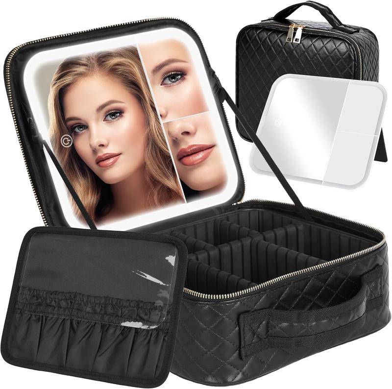 Travel Makeup Bag With Light Up Mirror, With 2X3X Magnifying Mirror And Adjustable Partitions, Portable Makeup Storage Box With 3 Color Lights For Cosmetics, Make-up Accessories, Black