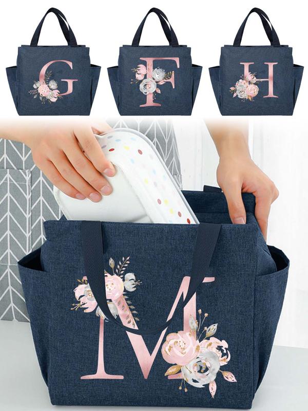 Floral & Letter Pattern Lunch Bag, Large Capacity Cooler Bag, Waterproof Student Lunch Handbag, Thermal Lunch Bag, Portable Insulated Camping Picnic Bag