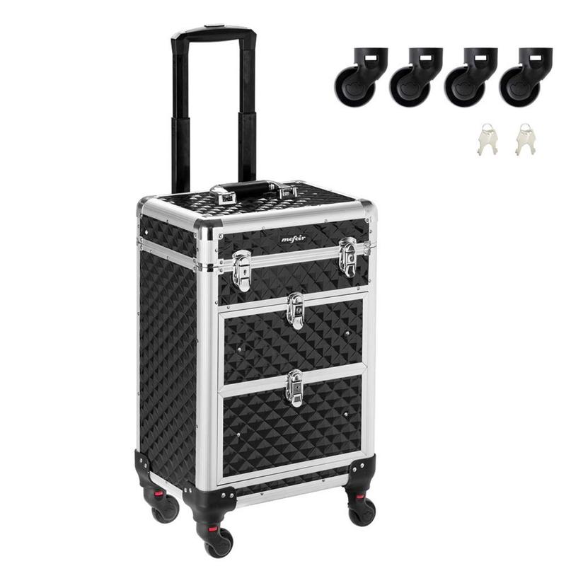 Aluminum Rolling Makeup Train Case, Portable Makeup Organizer Suitcase, Cosmetic Storage Box, Travel Beauty Luggage Trolley Lockable w 4 Removable Wheels & 2 Sliding Drawers (Black)