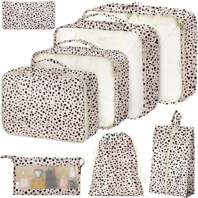 8 Piece Packing Cubes Set - Leopard Print Travel Organizer with Shoe Bag, Cosmetics & Clothing Bags, for free packingcube