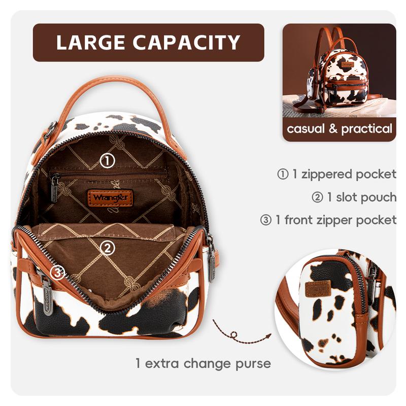 Wrangler [MegaLive] 2024 Fall New Style Moo Moo Cow Print Mini Backpack for Women with Change Purse