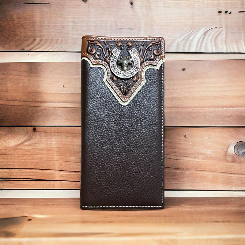 Mens Long Wallet Brown Leather Soft Leather Checkbook Style Cowboy High end Mens Wallets Leather Longhorn Horseshoe Concho Tooled Wallet Hand Ultra Strong Stitching Gift For Him