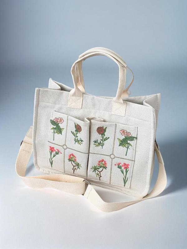 Floral Embroidered Tote Work Bag for Summer, Luxury Large Tote Bag, Multi-pocket Shoulder Bag for Students, Preppy Designer Crossbody Bag with Adjustable Strap, Fall Outfits, Fall Freshness