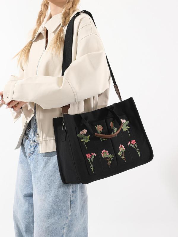 Floral Embroidered Tote Work Bag for Summer, Luxury Large Tote Bag, Multi-pocket Shoulder Bag for Students, Preppy Designer Crossbody Bag with Adjustable Strap, Fall Outfits, Fall Freshness