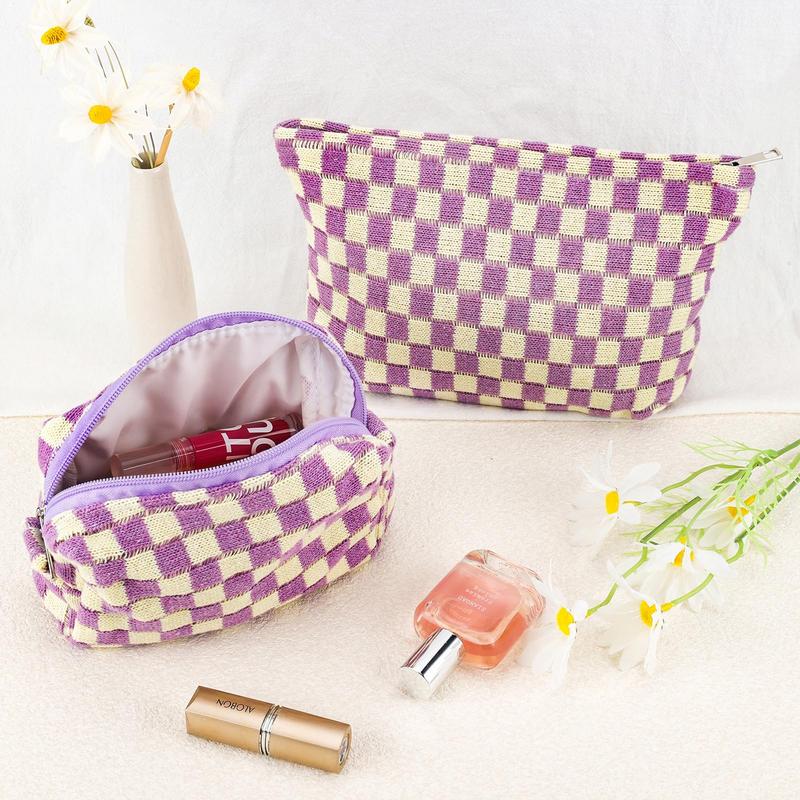 Portable Colorblock Plaid Pattern Cosmetic Bag, 2 Counts set Mixed Size Large Capacity Toiletry Bag, Zipper Makeup Organizer Pouch