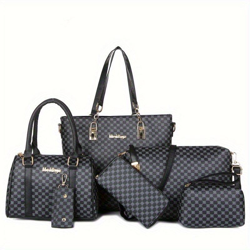 6-Piece Stylish Womens Purse Set - Polka Dot Print Faux Leather Tote Bag with Zipper Closure, Boston Handbag, Crossbody Bag, Long Wallet, Wristlet, Clutch, Coin Purse, and Key Holder - Polyester Lined, Geometric Patterned, and Versatile