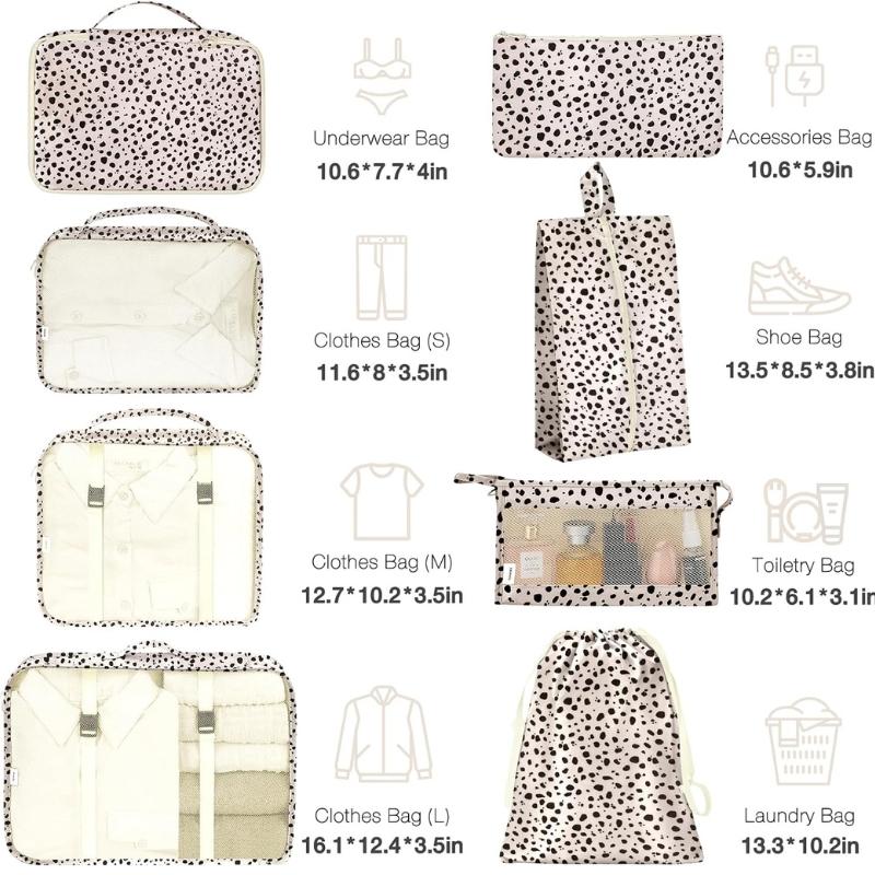 8 Piece Packing Cubes Set - Leopard Print Travel Organizer with Shoe Bag, Cosmetics & Clothing Bags, for free packingcube