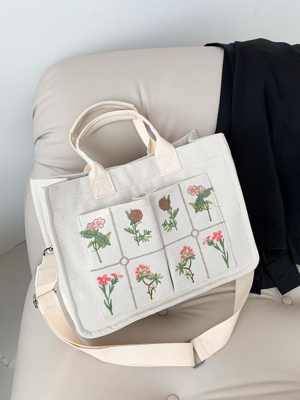 Floral Embroidered Tote Work Bag for Summer, Luxury Large Tote Bag, Multi-pocket Shoulder Bag for Students, Preppy Designer Crossbody Bag with Adjustable Strap, Fall Outfits, Fall Freshness