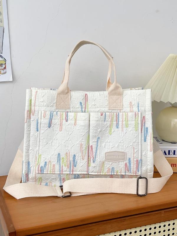 Fashion Letter Heart Rate Chart Embroidering Design Tote Bag, Casual Patched Design Shoulder Bag for Women, Portable Crossbody Bag for Daily Used