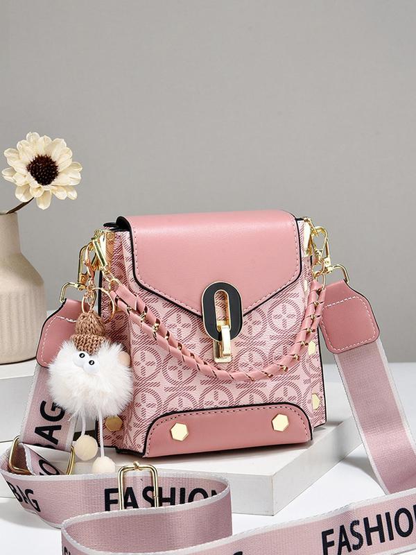 Letter Pattern Pu Leather Crossbody Bag, New Versatile Shoulder Handbag for Women,  Designer Bags  Trendy All-match Bag Charm Chain Bag, with Pom Pom Charm