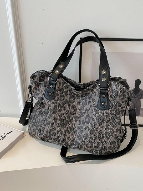 Women's Fashion Leopard Pattern Tote Bag, Large Capacity Shoulder Bag for Work & Daily Used, Casual Trendy Versatile High-quality Daily Commuting Bag