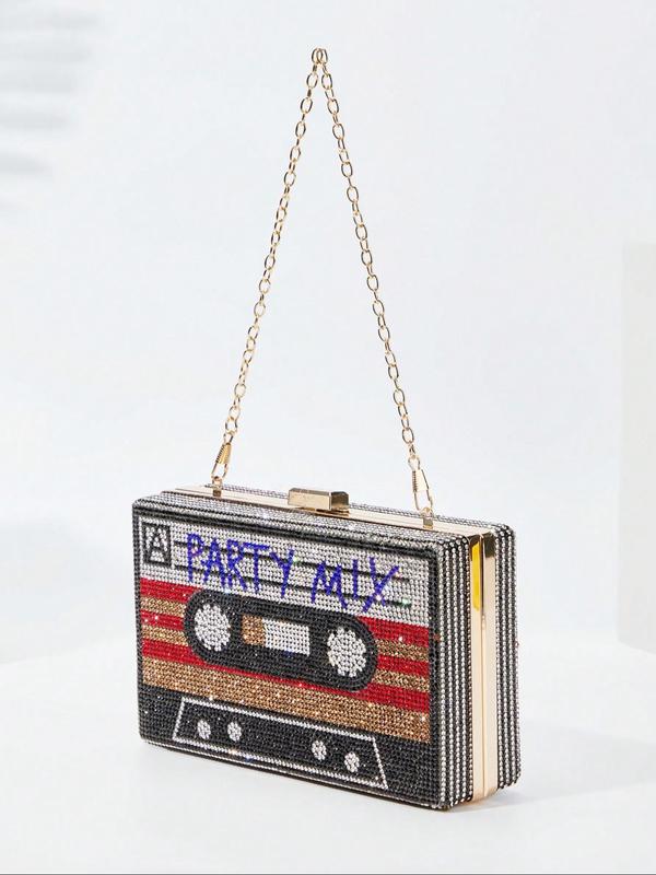 Rhinestone Decor Cassette Tape Design Evening Bag, Fashionable Letter Pattern Handbag for Party, Trendy All-match & Exquisite Bag for Birthday Gift