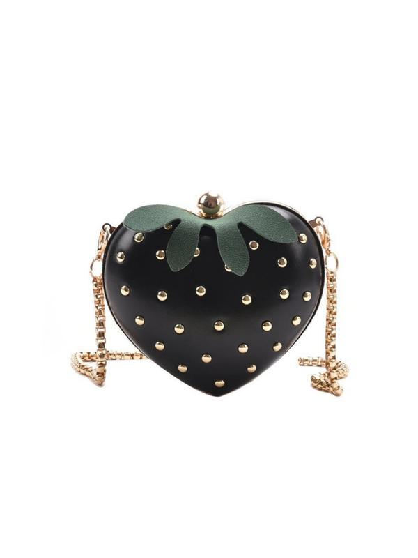 Cute Fruit Design Studded Decor Rivet Crossbody Bag, Fashionable Pu Zipper Shoulder Bag for Women & Girls, High-quality Daily Commuting Bag, Girl Shopping Bag for Her Girlfriend