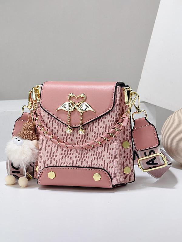 Letter Pattern Pu Leather Crossbody Bag, New Versatile Shoulder Handbag for Women,  Designer Bags  Trendy All-match Bag Charm Chain Bag, with Pom Pom Charm