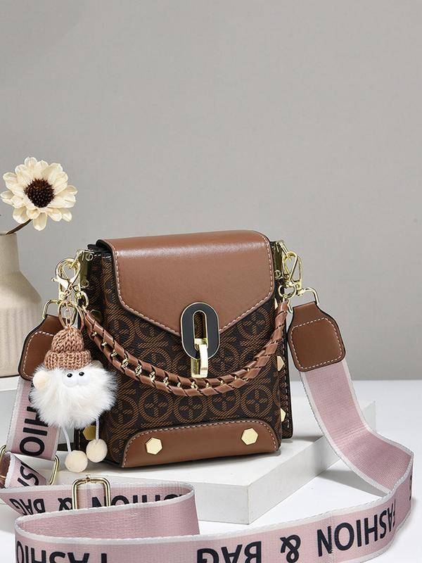 Letter Pattern Pu Leather Crossbody Bag, New Versatile Shoulder Handbag for Women,  Designer Bags  Trendy All-match Bag Charm Chain Bag, with Pom Pom Charm