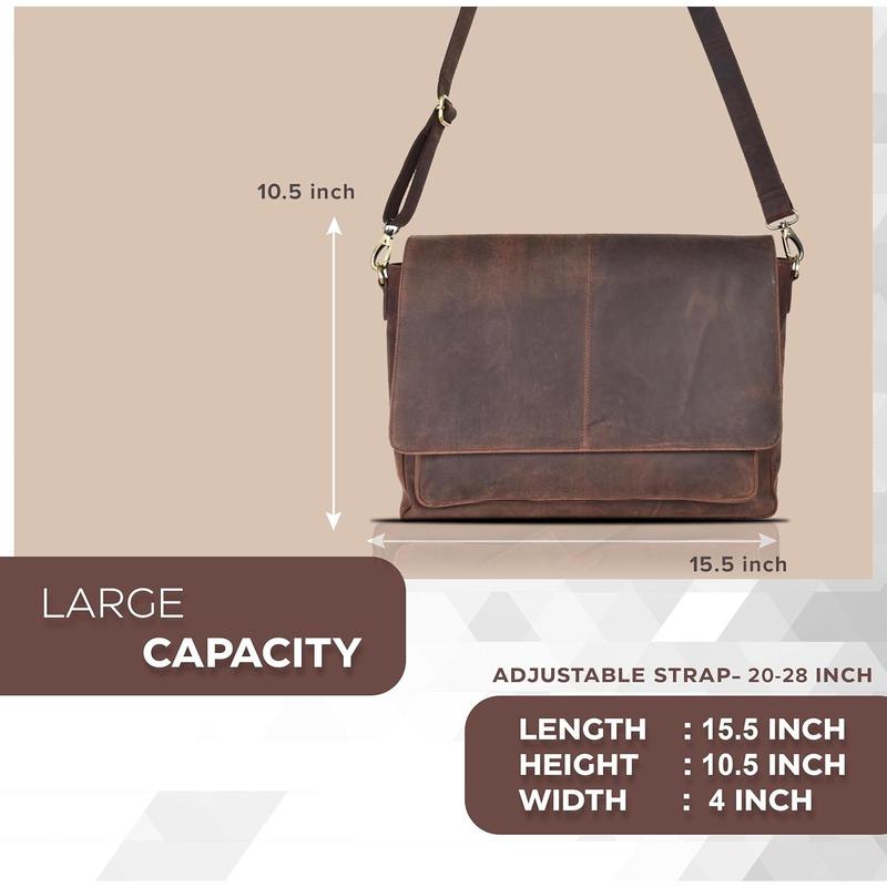 Oak Leathers Leather Messenger Bag for Men and Women - Laptop Briefcase Bag For College, Office, Adjustable Shoulder Strap