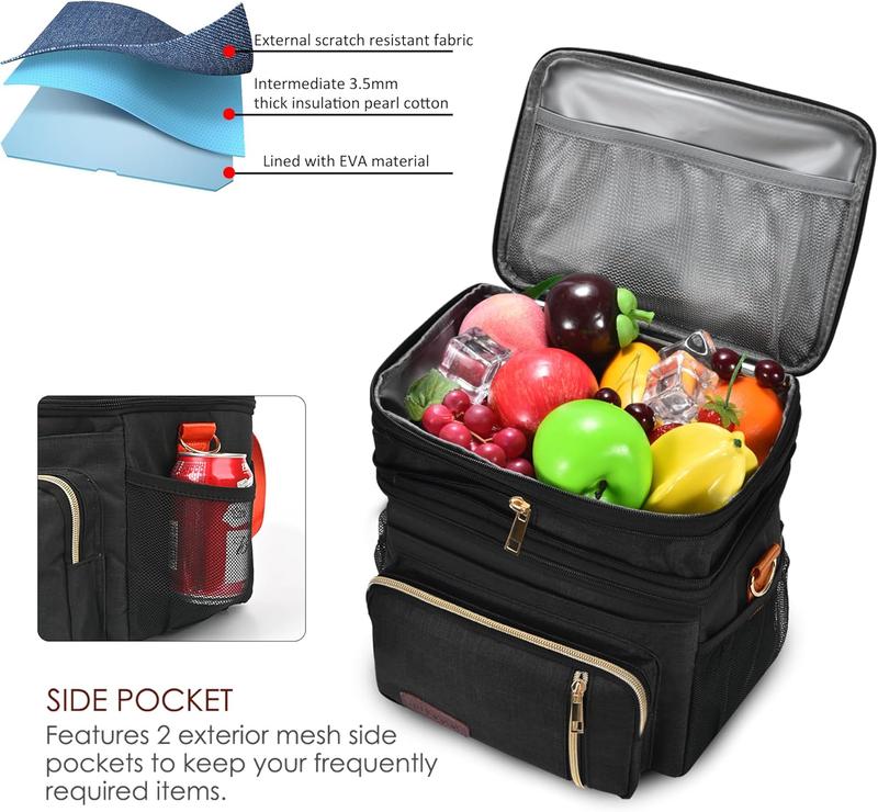 Lunch Bag & Lunch Box for Women Men Double Deck - Leakproof Insulated Soft Large Adult Lunch Cooler Bag for Work Black Orange