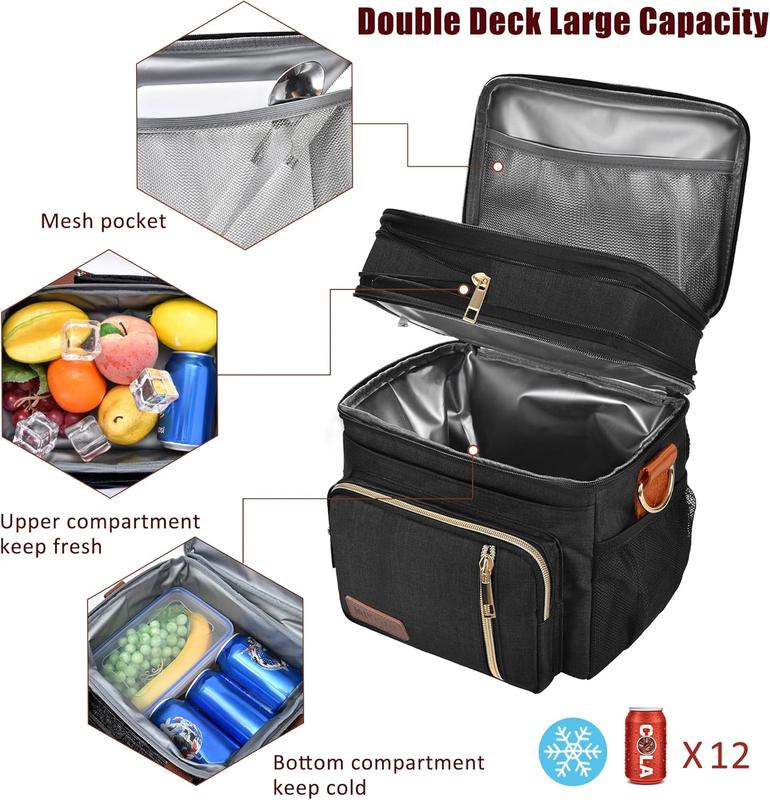 Lunch Bag & Lunch Box for Women Men Double Deck - Leakproof Insulated Soft Large Adult Lunch Cooler Bag for Work Black Orange