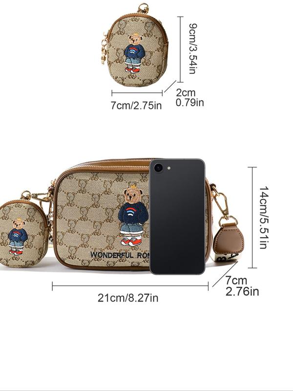 Fashion Bear Pattern Crossbody Bag & Coin Purse, Casual PU Leather Shoulder Bag & Coin Purse, Trendy Versatile High-quality Daily Commuting Bag Set