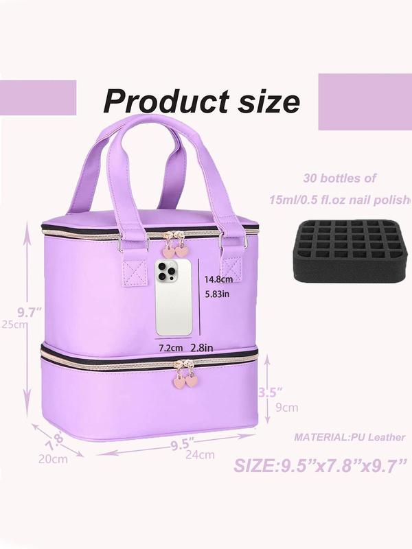 Solid Color Nail Polish Carrying Case, Holds 30 Bottles, Large Capacity Double Compartment Nail Polish Storage Bag, Portable Makeup Bag for Travel, Cosmetic Bag for Women (Only Bag)