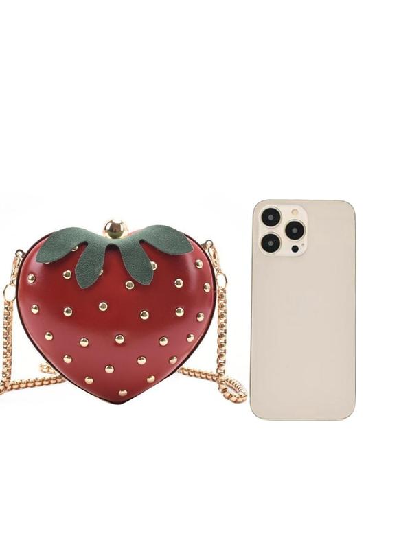 Cute Fruit Design Studded Decor Rivet Crossbody Bag, Fashionable Pu Zipper Shoulder Bag for Women & Girls, High-quality Daily Commuting Bag, Girl Shopping Bag for Her Girlfriend