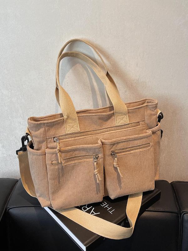 Women's Solid Color Corduroy Tote Bag, Fashionable Large Capacity Shoulder Bag for Daily Used, Casual Trendy Versatile High-quality Daily Commuting Bag