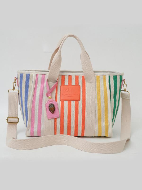 Fashionable Colorful Striped Pattern Tote Bag for Women, Casual Versatile Zipper Shoulder Bag for Women, Trendy All-match Work Bag for Daily Use