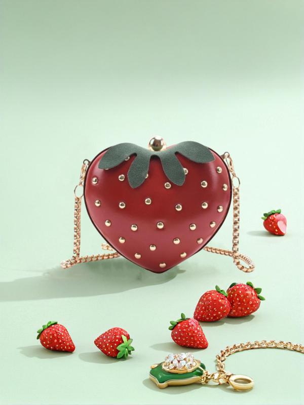 Cute Fruit Design Studded Decor Rivet Crossbody Bag, Fashionable Pu Zipper Shoulder Bag for Women & Girls, High-quality Daily Commuting Bag, Girl Shopping Bag for Her Girlfriend