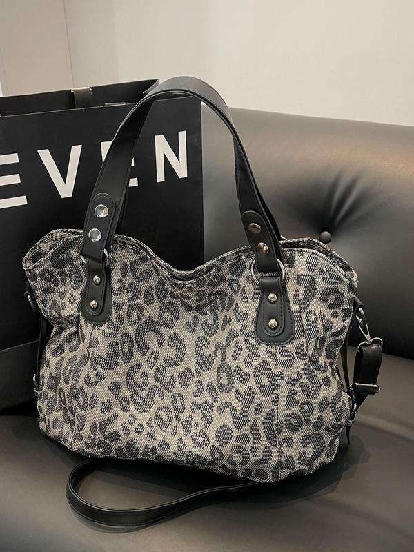 Women's Fashion Leopard Pattern Tote Bag, Large Capacity Shoulder Bag for Work & Daily Used, Casual Trendy Versatile High-quality Daily Commuting Bag