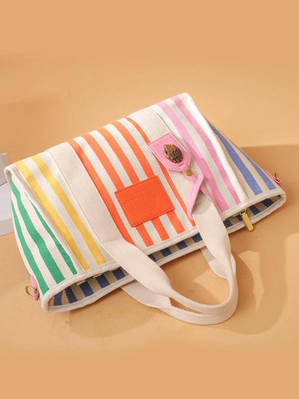 Fashionable Colorful Striped Pattern Tote Bag for Women, Casual Versatile Zipper Shoulder Bag for Women, Trendy All-match Work Bag for Daily Use