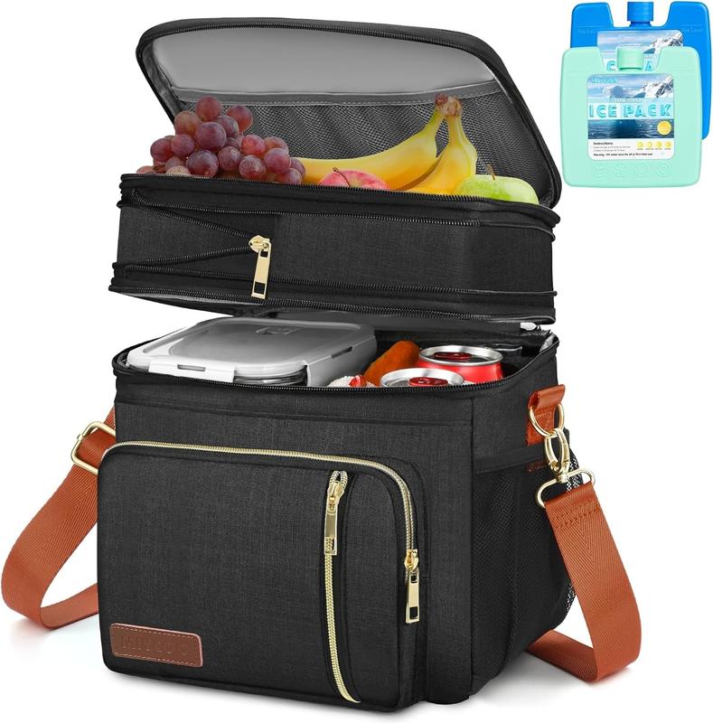 Lunch Bag & Lunch Box for Women Men Double Deck - Leakproof Insulated Soft Large Adult Lunch Cooler Bag for Work Black Orange