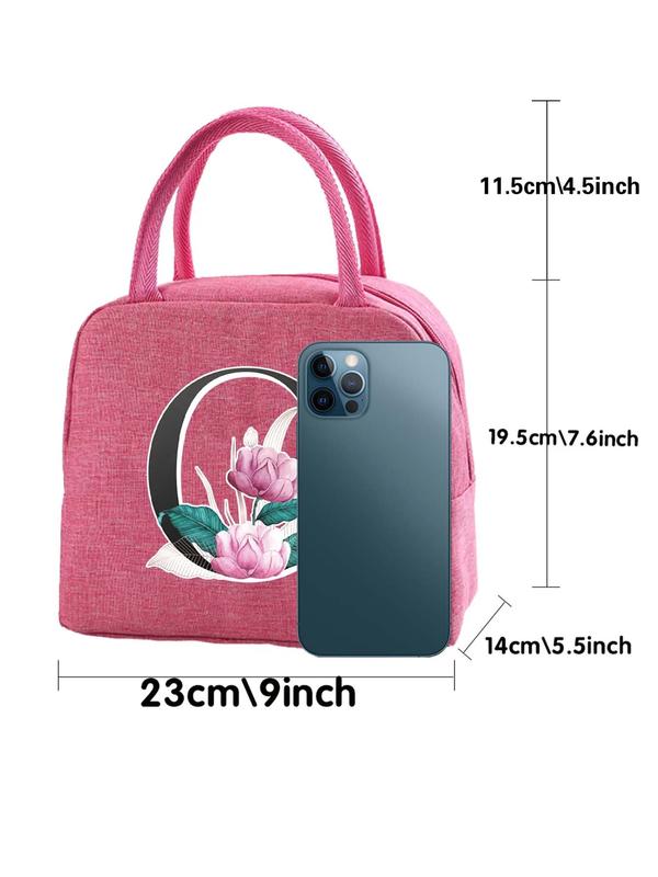 Floral & Letter Pattern Lunch Bag, Canvas Lunch Box Bag, Picnic Tote, Small Handbags, Dinner Container, Food Storage Bags