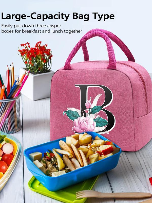 Floral & Letter Pattern Lunch Bag, Canvas Lunch Box Bag, Picnic Tote, Small Handbags, Dinner Container, Food Storage Bags