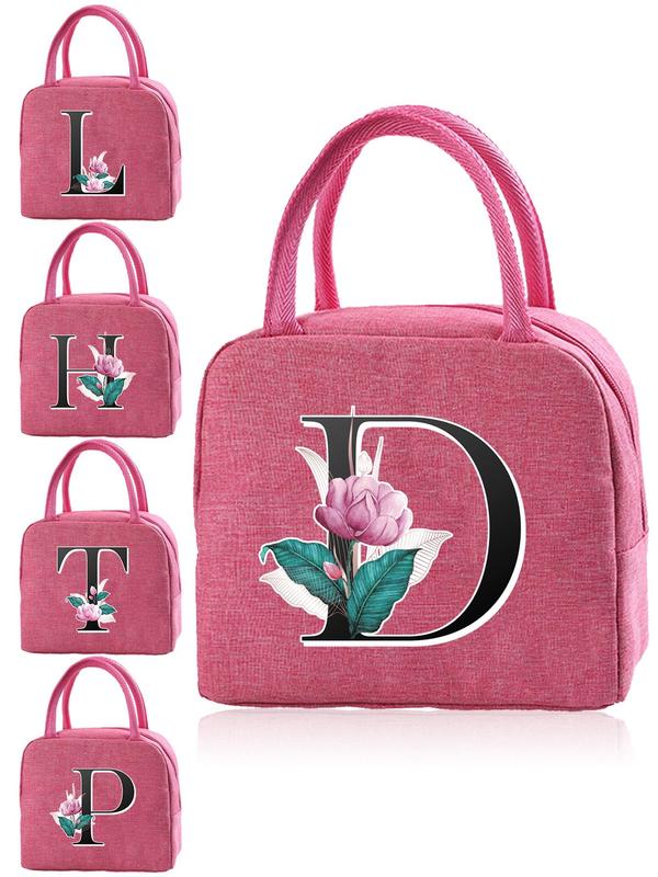 Floral & Letter Pattern Lunch Bag, Canvas Lunch Box Bag, Picnic Tote, Small Handbags, Dinner Container, Food Storage Bags