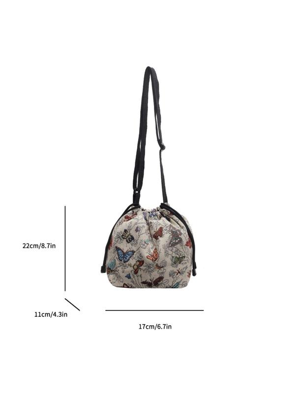 Women's Floral Print Drawstring Design Bucket Bag, Fashionable Crossbody Bag for Daily Life, Casual Trendy Versatile Vintage Commuting Bag for Women & Girls