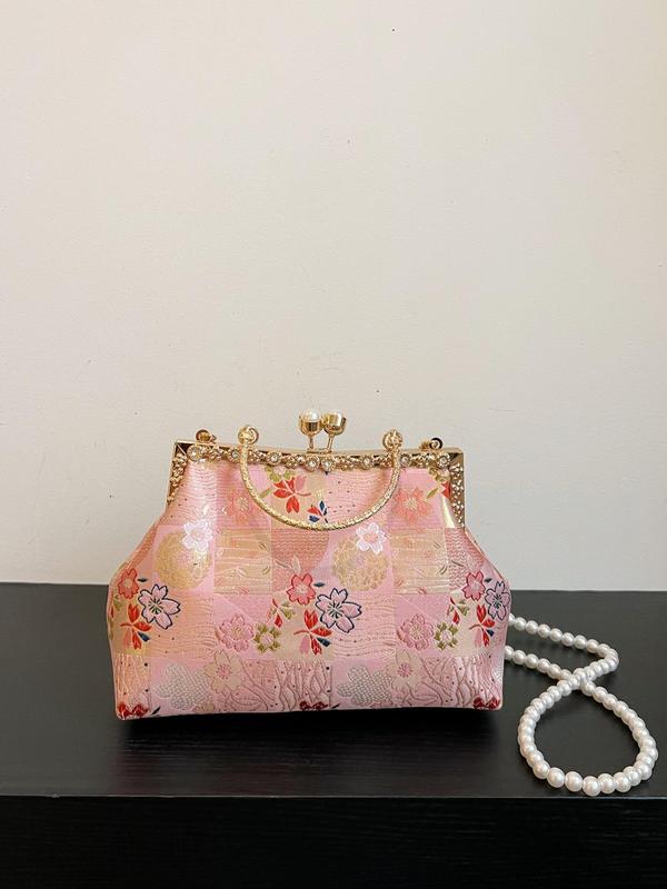 Women's Elegant Floral Pattern Faux Pearl & Rhinestone Decorated Satchel, Exquisite Trendy Handbag, Fashionable Crossbody Bag for Party Decoration