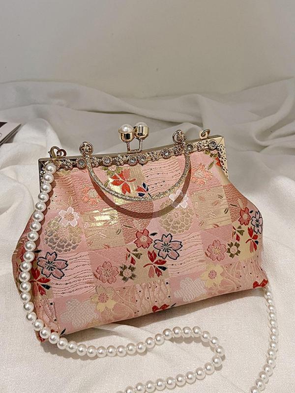 Women's Elegant Floral Pattern Faux Pearl & Rhinestone Decorated Satchel, Exquisite Trendy Handbag, Fashionable Crossbody Bag for Party Decoration