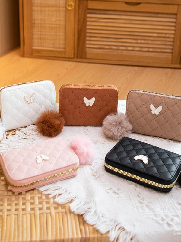 Women's Butterfly Pattern Quilted Design Zipper Short Wallet, with Hair Ball Charm, Casual Versatile Card Holder, Lightweight Small Wallet