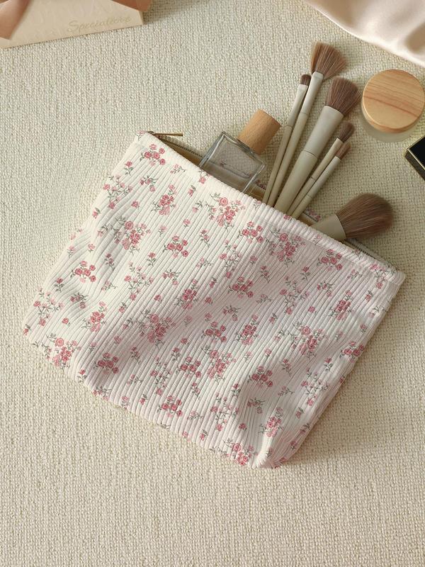 Ditsy Floral Pattern Makeup Bag, Casual Fashion Corduroy Zipper Makeup Bag for Travel, Versatile Storage Bag for Women & Girls