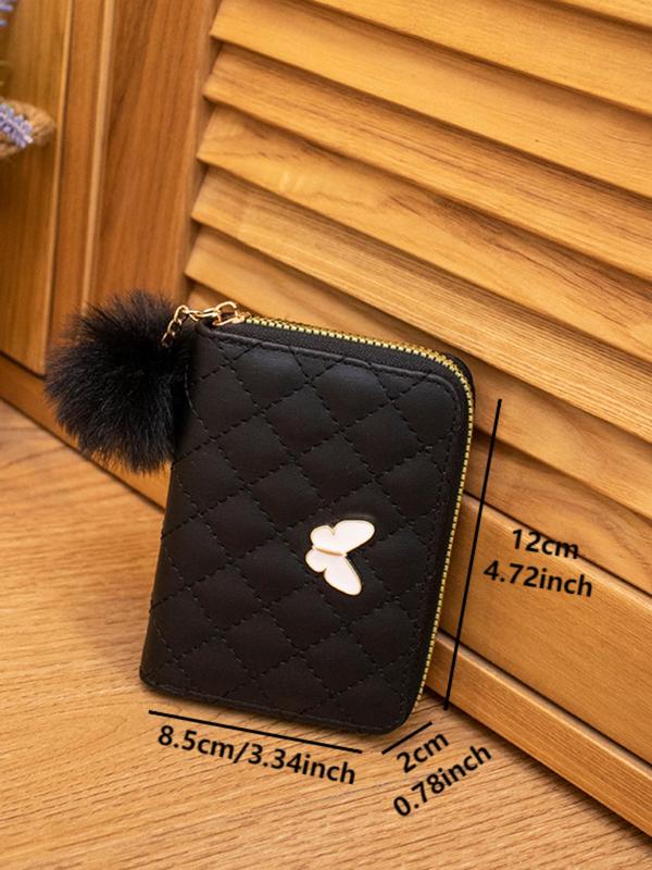 Women's Butterfly Pattern Quilted Design Zipper Short Wallet, with Hair Ball Charm, Casual Versatile Card Holder, Lightweight Small Wallet