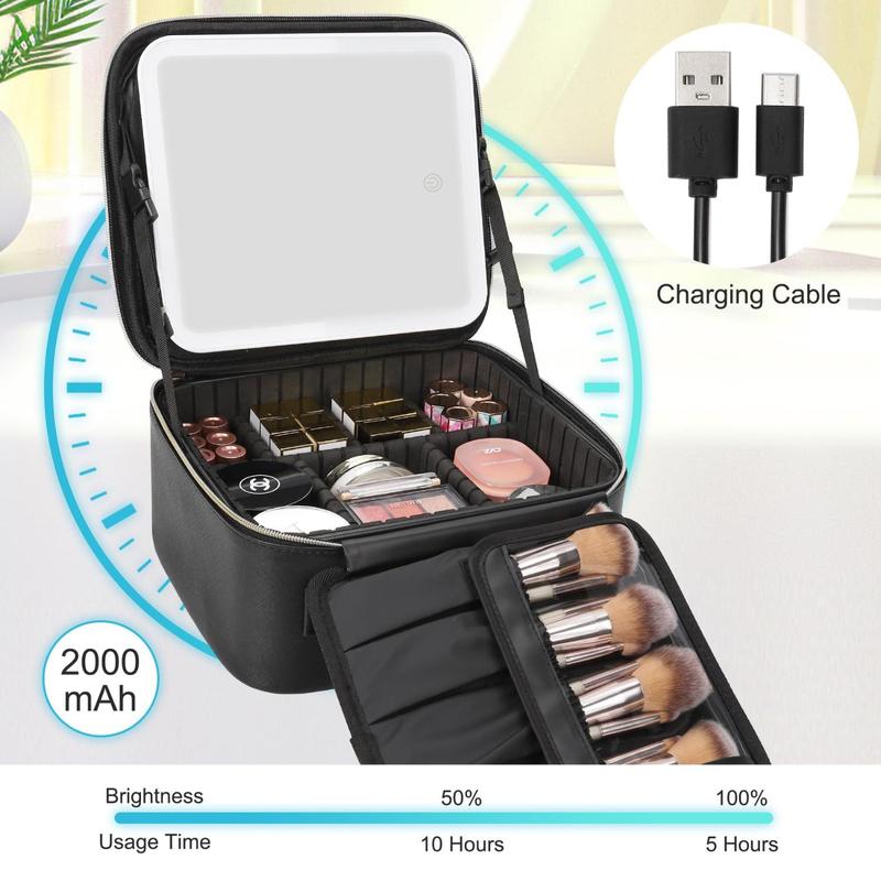 Travel Makeup Bag With LED Mirror, Cosmetic Train Case with Light up Mirror,  with Adjustable Dividers, Makeup Brush Holder Storage