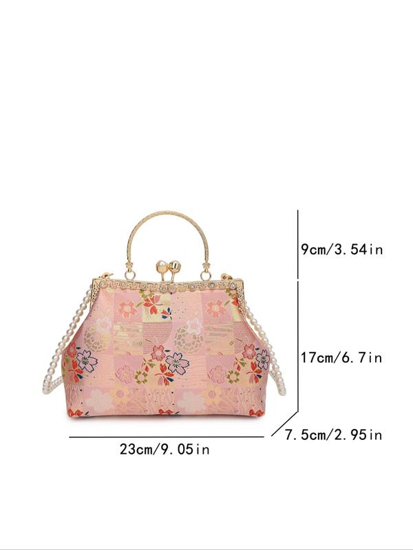 Women's Elegant Floral Pattern Faux Pearl & Rhinestone Decorated Satchel, Exquisite Trendy Handbag, Fashionable Crossbody Bag for Party Decoration