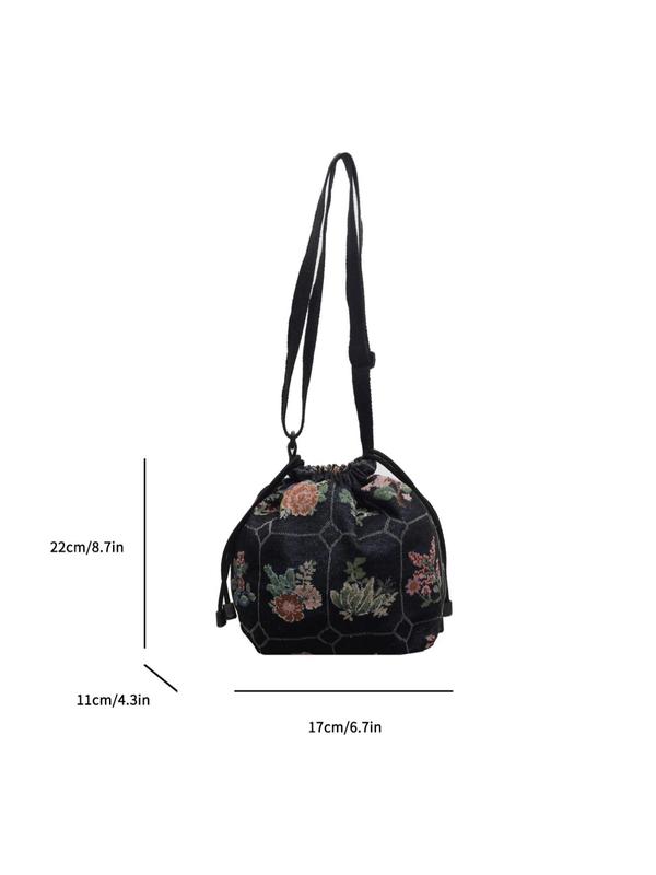 Women's Floral Print Drawstring Design Bucket Bag, Fashionable Crossbody Bag for Daily Life, Casual Trendy Versatile Vintage Commuting Bag for Women & Girls