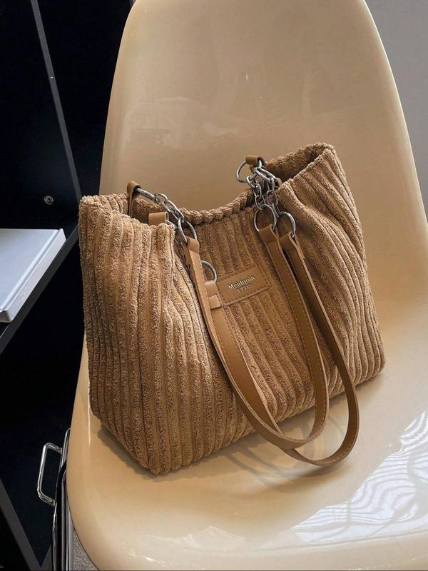 Women's Solid Color Corduroy Tote Bag, Fashionable Large Capacity Shoulder Bag for Work & Daily Used, Casual Trendy Versatile High-quality Daily Commuting Bag