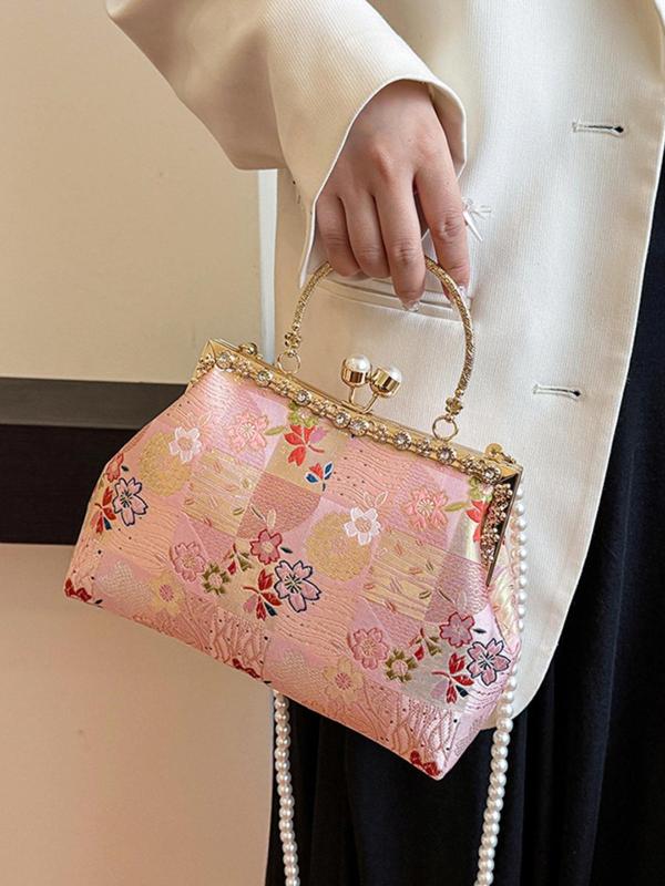 Women's Elegant Floral Pattern Faux Pearl & Rhinestone Decorated Satchel, Exquisite Trendy Handbag, Fashionable Crossbody Bag for Party Decoration